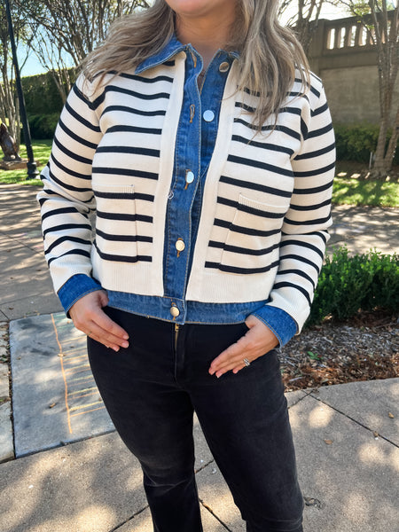 Striped Knit Sweater Cardigan- Cream/Denim-K. Ellis Boutique