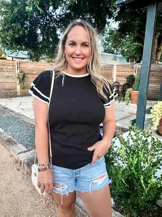 Crew Neck Short Ruffle Sleeve Knit Top - Black-Short Sleeve Top-K. Ellis Boutique