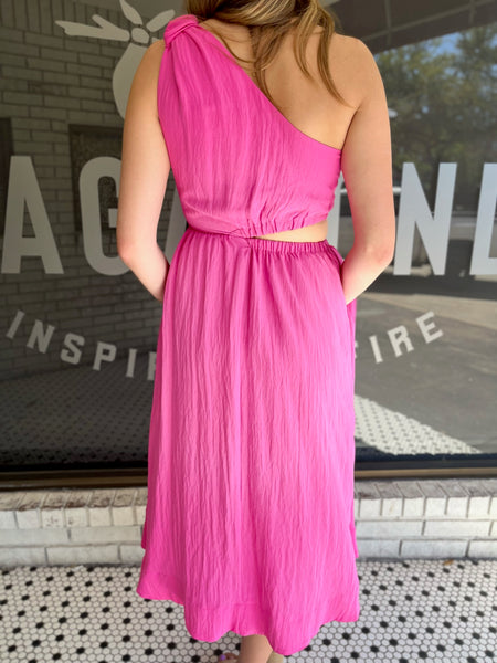 One Shoulder Cutout Midi Dress - Hot Pink-K. Ellis Boutique