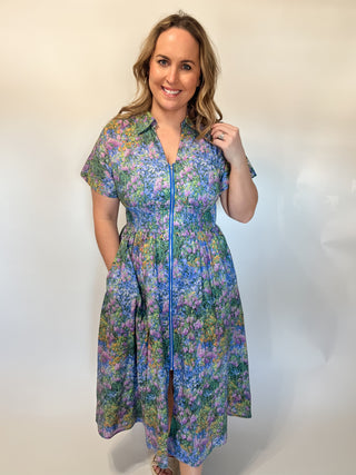 Floral Print Collared Cinched Waist Dress- Blue Floral-Midi/Maxi Dress-K. Ellis Boutique