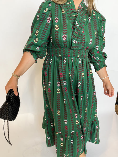 Floral Print Ruffle Trim Midi Dress- Forest Green Mix-K. Ellis Boutique