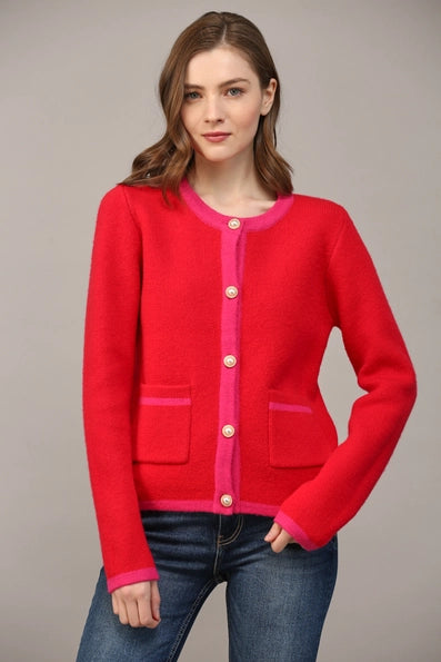 Colorblock Sweater Cardigan- Red/Hot Pink-K. Ellis Boutique