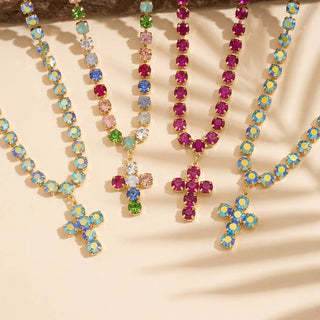 Rhinestone Cup Chain Necklace With Cross Pendant: GDMLT-Necklace-K. Ellis Boutique
