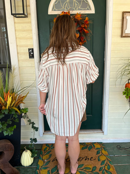 Stripe Print Button Down Top - Brown/Grey-K. Ellis Boutique