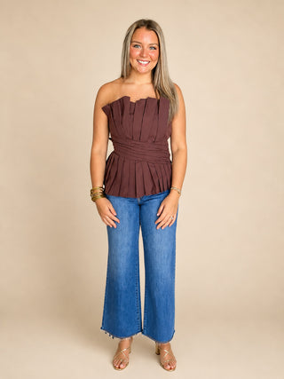 Espresso Pleated Peplum Top-Sleeveless Top-K. Ellis Boutique