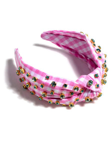 EMBELLISHED GINGHAM KNOTTED HEADBAND-PINK-K. Ellis Boutique