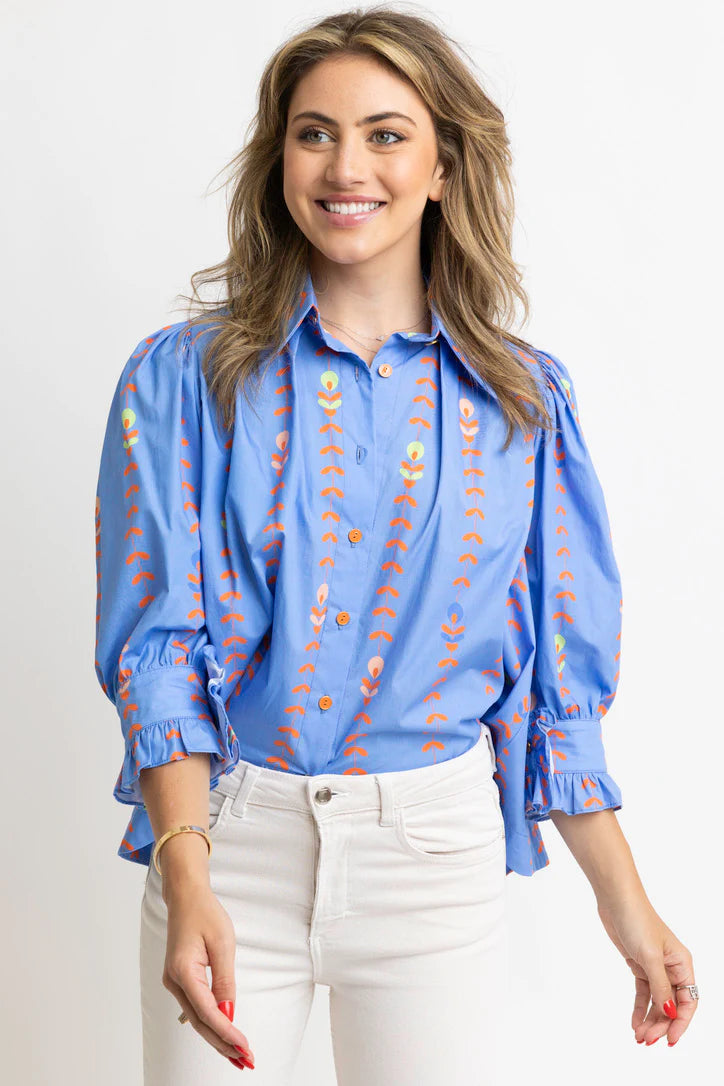 Karlie Floral Vine Poplin Button Up Top- Periwinkle-K. Ellis Boutique