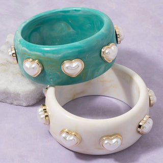 Wide Marble Resin Heart Pearl Studded Bangle Bracelet: TQ-Bracelet-K. Ellis Boutique