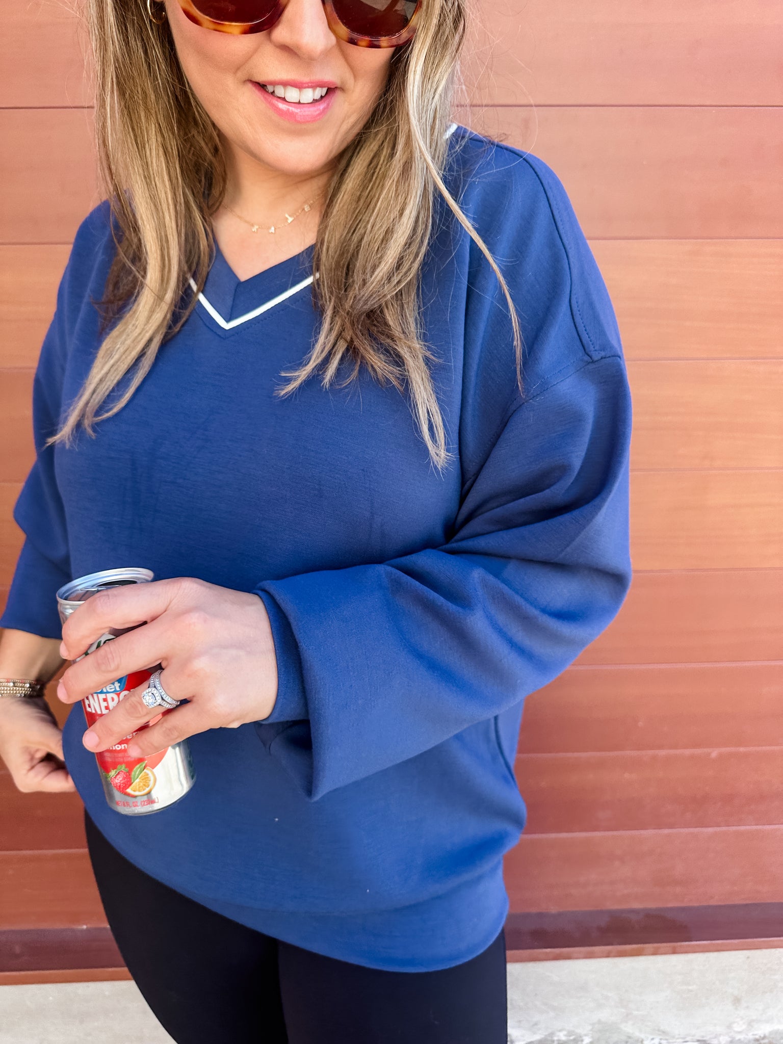 Modal Scuba Contrast Piping Vneck- Navy-K. Ellis Boutique