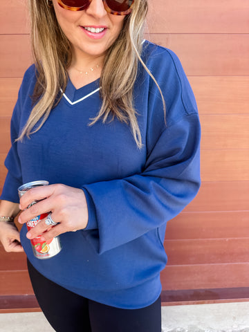 Modal Scuba Contrast Piping Vneck- Navy-K. Ellis Boutique