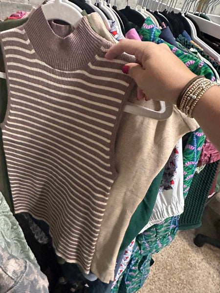 Mock Neck Sleeveless Sweater Top- Mocha & Cream Stripes-K. Ellis Boutique