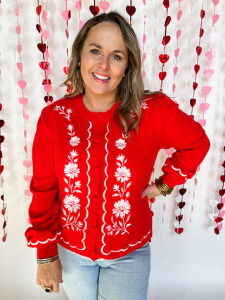 Embroidered Detail Ballon Sleeve Cardigan- Red-K. Ellis Boutique
