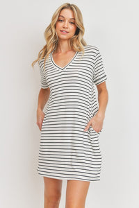 Striped Rib Knit Short Sleeve Pocket Dress- White/Black-K. Ellis Boutique