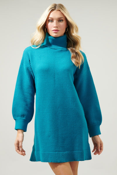 Waffle Knit Turtleneck Sweater Dress- Teal-K. Ellis Boutique