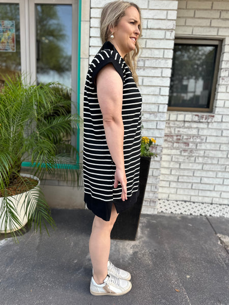 Stripe Print Ribbed Mini Dress- Black-K. Ellis Boutique