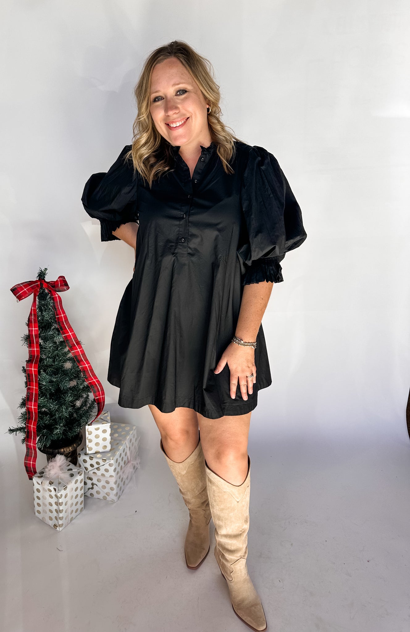 Solid Poplin Mini Dress- Black-K. Ellis Boutique