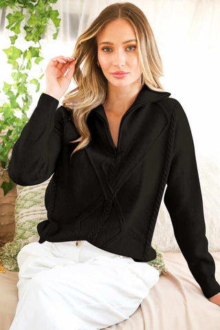 Textured Half Zip Pull Over Sweater- Black-Sweater-K. Ellis Boutique
