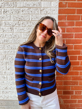 Striped Gold Button Cardigan- Brown/Blue-Cardigans-K. Ellis Boutique