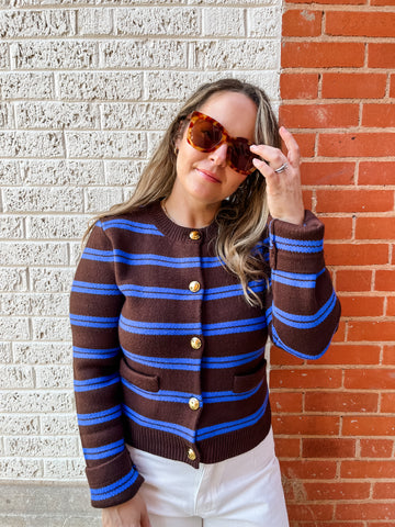 Striped Gold Button Cardigan- Brown/Blue-K. Ellis Boutique