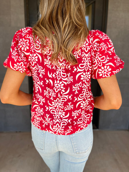 PRINTED BUBBLE SLEEVE BACK TIE TOP- Red-K. Ellis Boutique