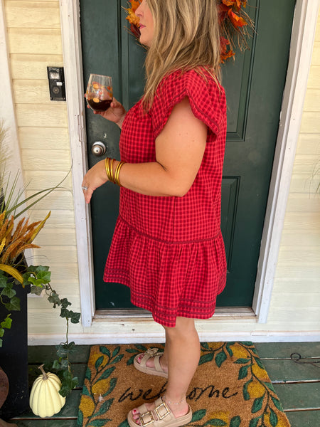 Gingham Dress with Trim-Red-K. Ellis Boutique