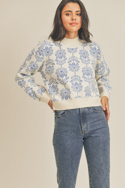 Winter Floral Blue and White Sweater-K. Ellis Boutique