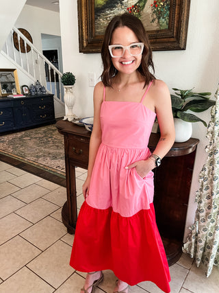 Rebekah Color Block Midi Dress- Pink & Red-K. Ellis Boutique