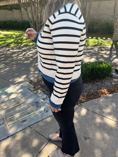 Striped Knit Sweater Cardigan- Cream/Denim-K. Ellis Boutique