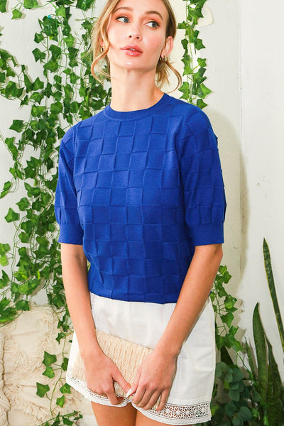 Short Sleeve Textured Sweater Top -Royal Blue-K. Ellis Boutique
