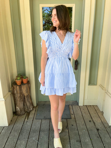 Stripe Print V-neck Mini Dress - Blue-K. Ellis Boutique