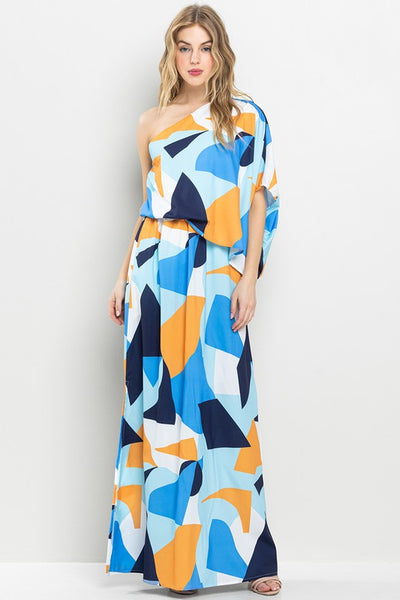 Abstract One Shoulder Maxi Dress- Blue-K. Ellis Boutique