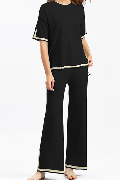 Knit Short Sleeves and Wide Leg Pants Matching Set- BLACK-K. Ellis Boutique