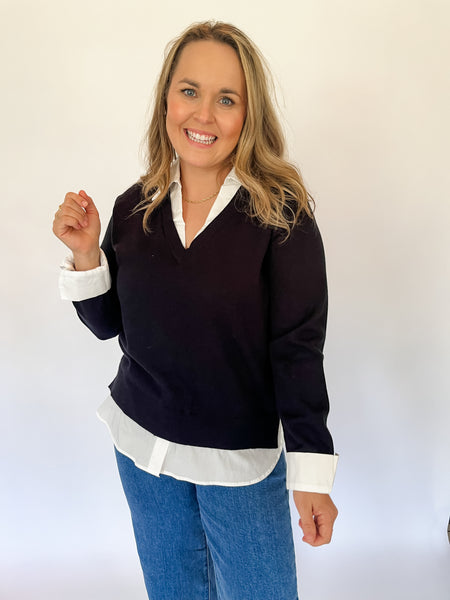 Mixed Shirt Layered Sweater Top - Black/White-K. Ellis Boutique