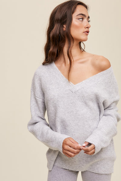 Classic V-neck Ribbed Soft Knit Sweater - Heather Grey-K. Ellis Boutique
