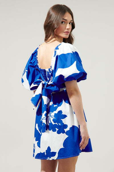Yardley Floral Marion Puff Sleeve Mini Dress- White/Blue-K. Ellis Boutique