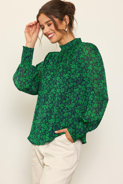 Mock Neck Printed Top - Spearmint Navy-K. Ellis Boutique