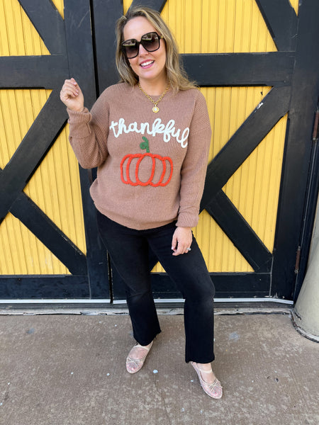 Thankful Pumpkin 3D Embroidered Sweater- Dusty Brown-K. Ellis Boutique