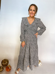 Long Sleeve Printed Maxi Dress- Black/Ivory-K. Ellis Boutique