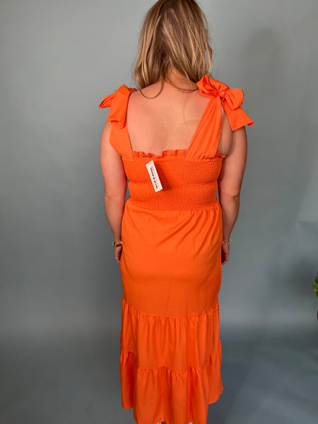 Smocked Self Tie Midi Dress - Orange-K. Ellis Boutique