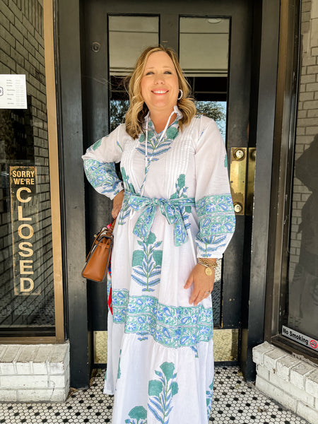 Floral Print Long Sleeve Tiered Midi Dress- White-Block Print-K. Ellis Boutique