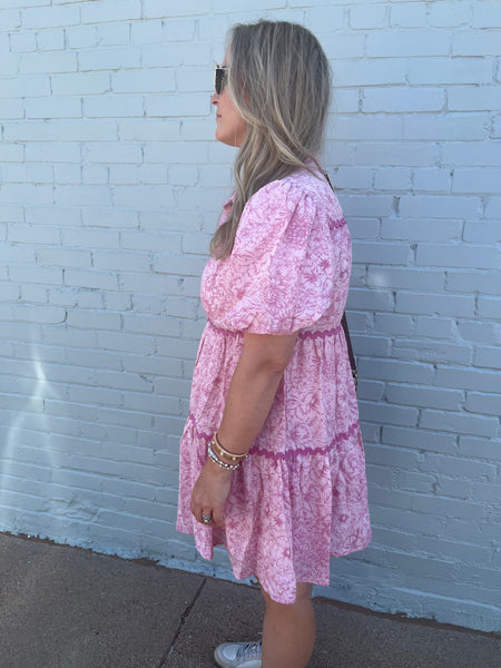Floral Print Bubble Sleeve Mini Dress - Pink Combo-K. Ellis Boutique