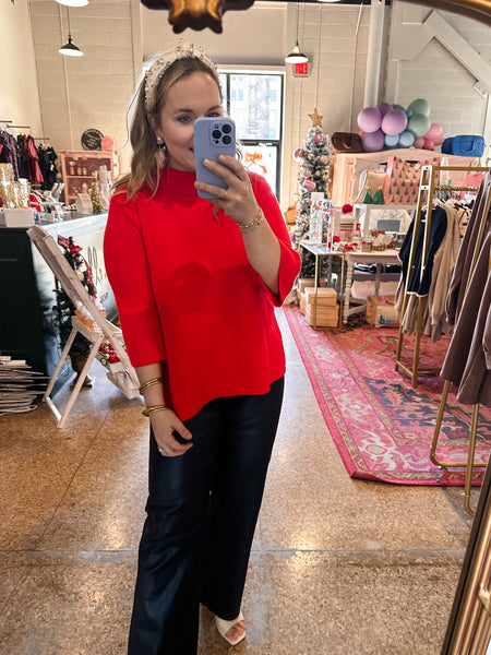 Mock Neck Pull Over Sweater/Bell Sleeve-Red-K. Ellis Boutique