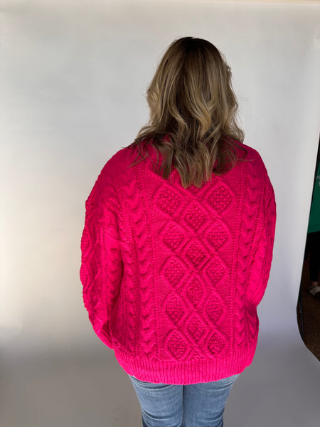 Oversized Mixed Cable Pattern Sweater Top- Hot Pink-K. Ellis Boutique