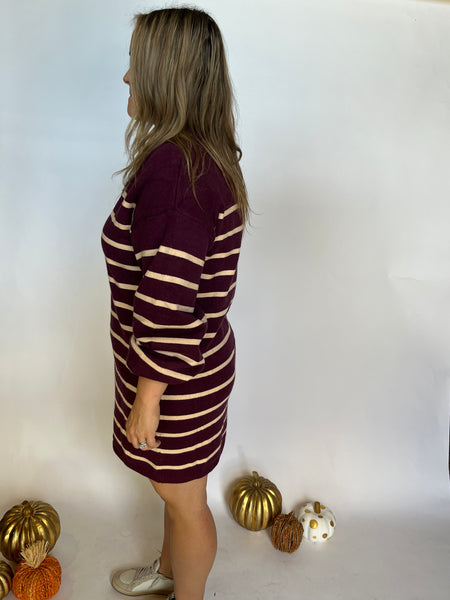 COLLARED STRIPE SWEATER DRESS- WINE-K. Ellis Boutique