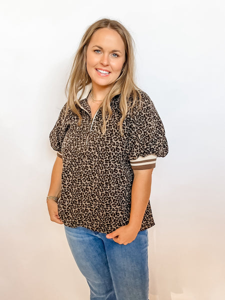 Quarter Zip Puff Sleeve Top- Leopard-K. Ellis Boutique