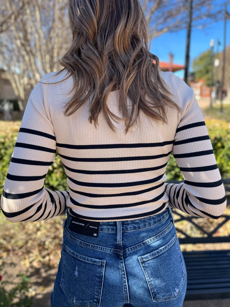 Stripe Ribbed Long Sleeve Top - Oatmeal-K. Ellis Boutique