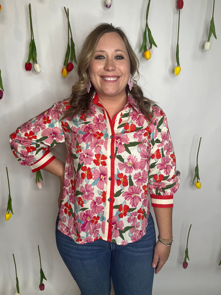 Floral Print Button Down Puff Sleeve Top- Red-K. Ellis Boutique