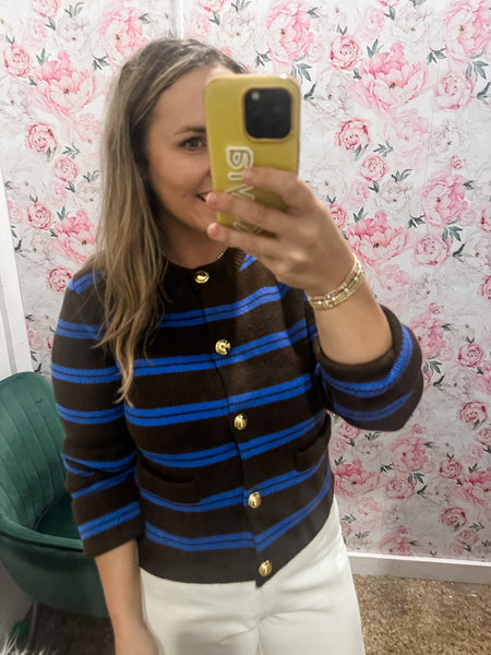 Striped Gold Button Cardigan- Brown/Blue-K. Ellis Boutique