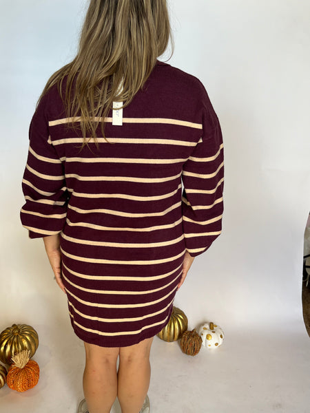 COLLARED STRIPE SWEATER DRESS- WINE-K. Ellis Boutique