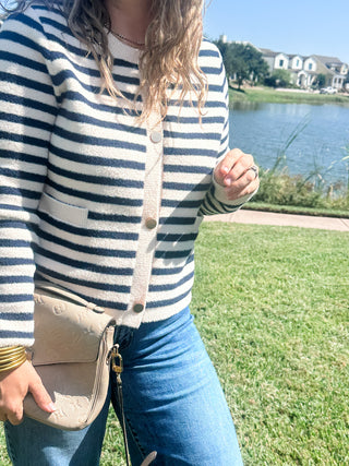 THML- Striped Knit Cardigan- Navy/ Cream-Cardigans-K. Ellis Boutique